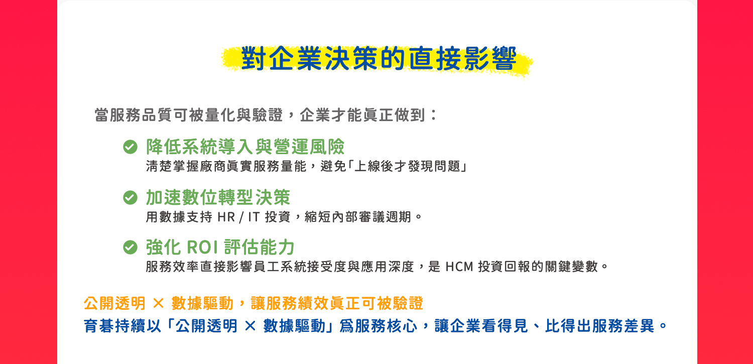 育碁持續以 「公開透明 × 數據驅動」 為服務核心，讓企業看得見、比得出服務差異。