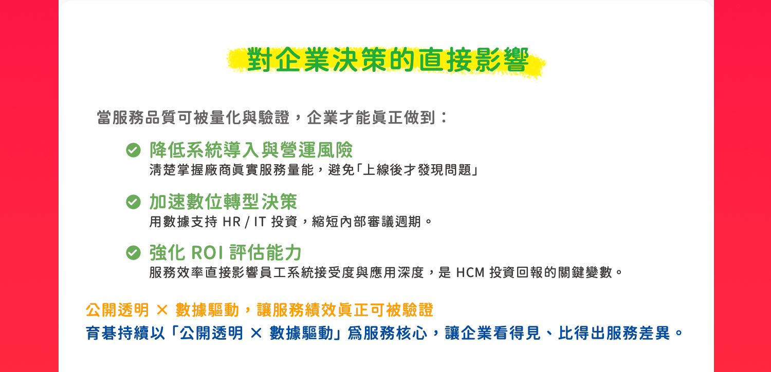 育碁持續以 「公開透明 × 數據驅動」 為服務核心，讓企業看得見、比得出服務差異。