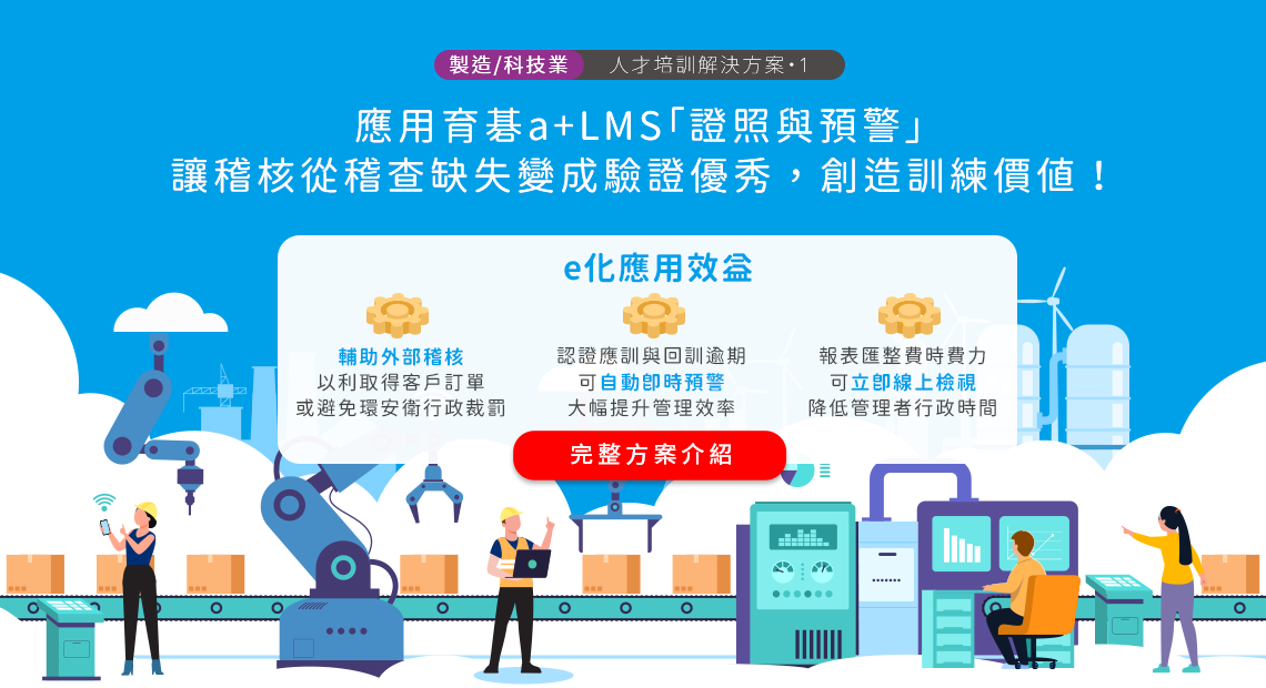 應用育碁a+LMS「證照與預警」讓稽核從稽查缺失變成驗證優秀，創造訓練價值！