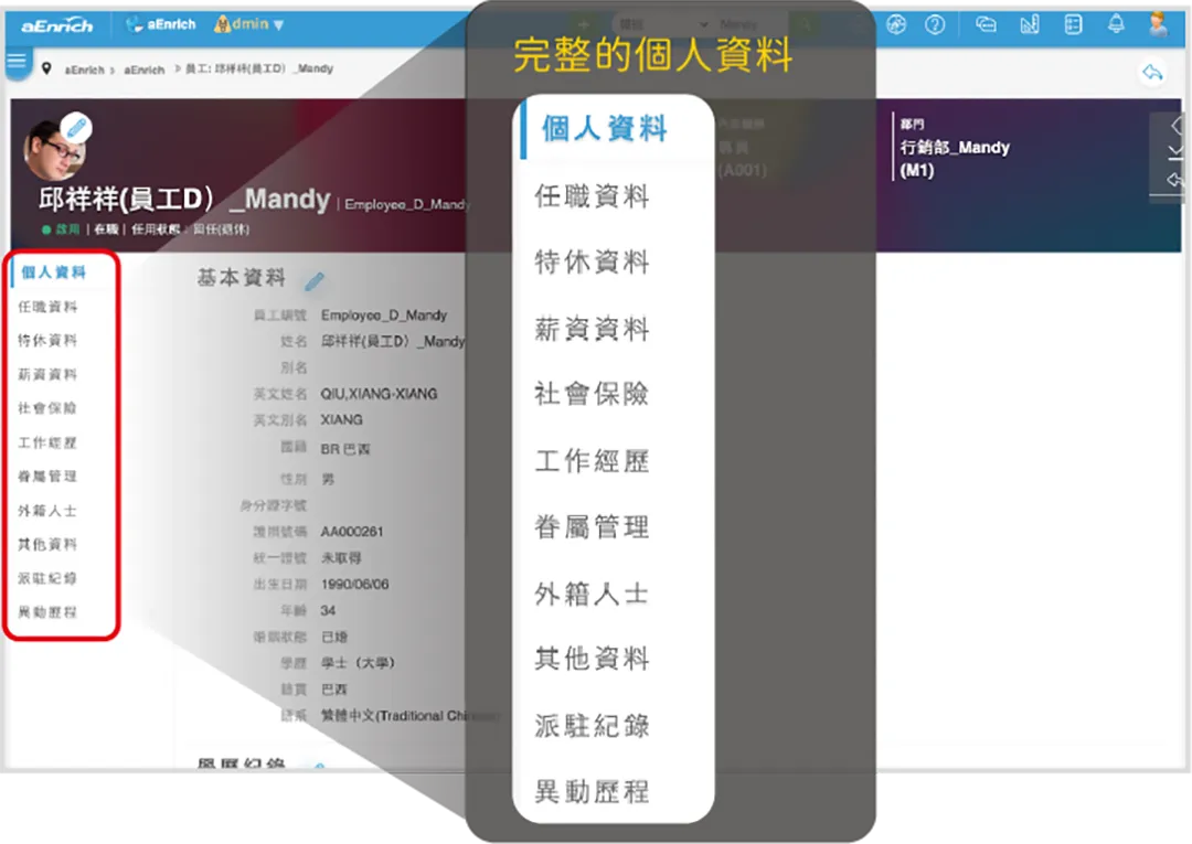 多元的人事資料欄位,記錄詳細且完整
