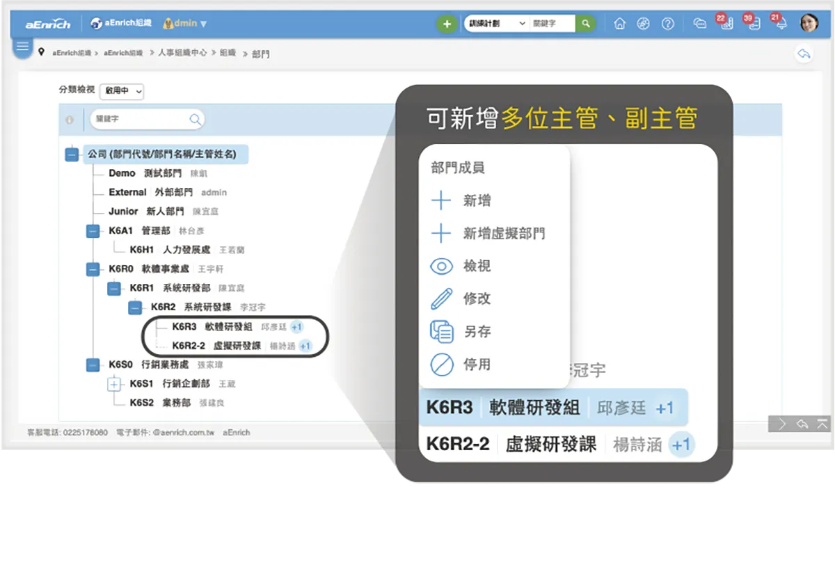 部門雙主管彈性設定,滿足不同管理制度需求
