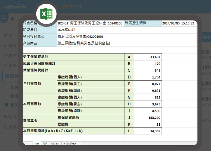 系統內建報表範例：「勞工保險」對帳報表