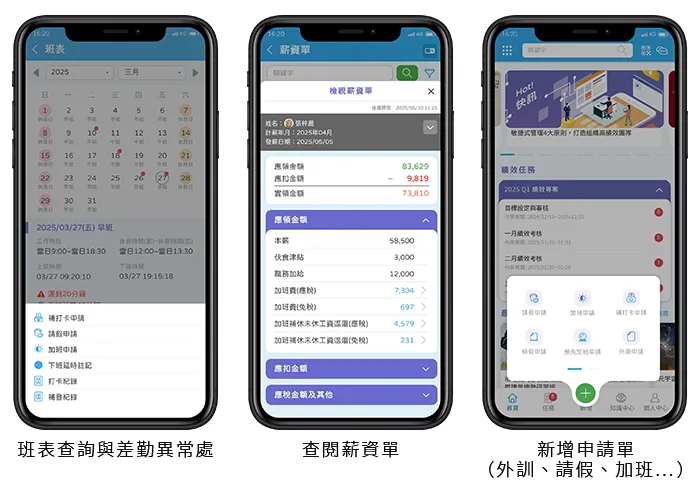 行動化HRM應用：班表查詢與差勤異常處、查閱薪資單、新增申請單
